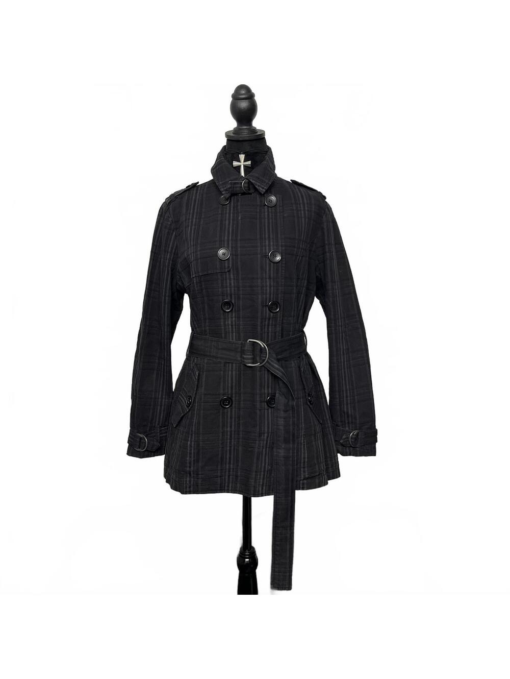 Y2K Xntrix Sz L Navy/ Black Double Breasted Plaid Belted Coat Buckles Details